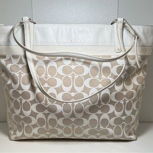 Coach Beige & White Signature Canvas Tote with Leather Trim